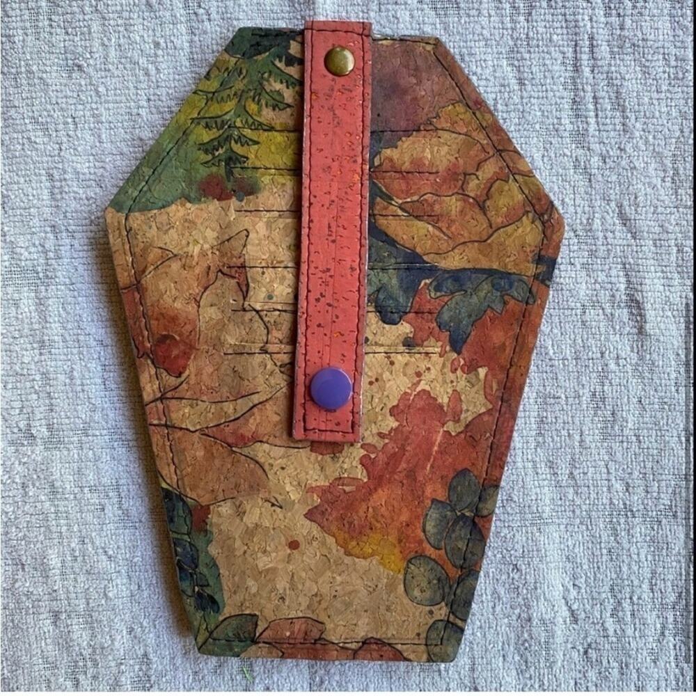Handmade Cork flower bow pull card holder wallet watercolor multicolor - Picture 3 of 4